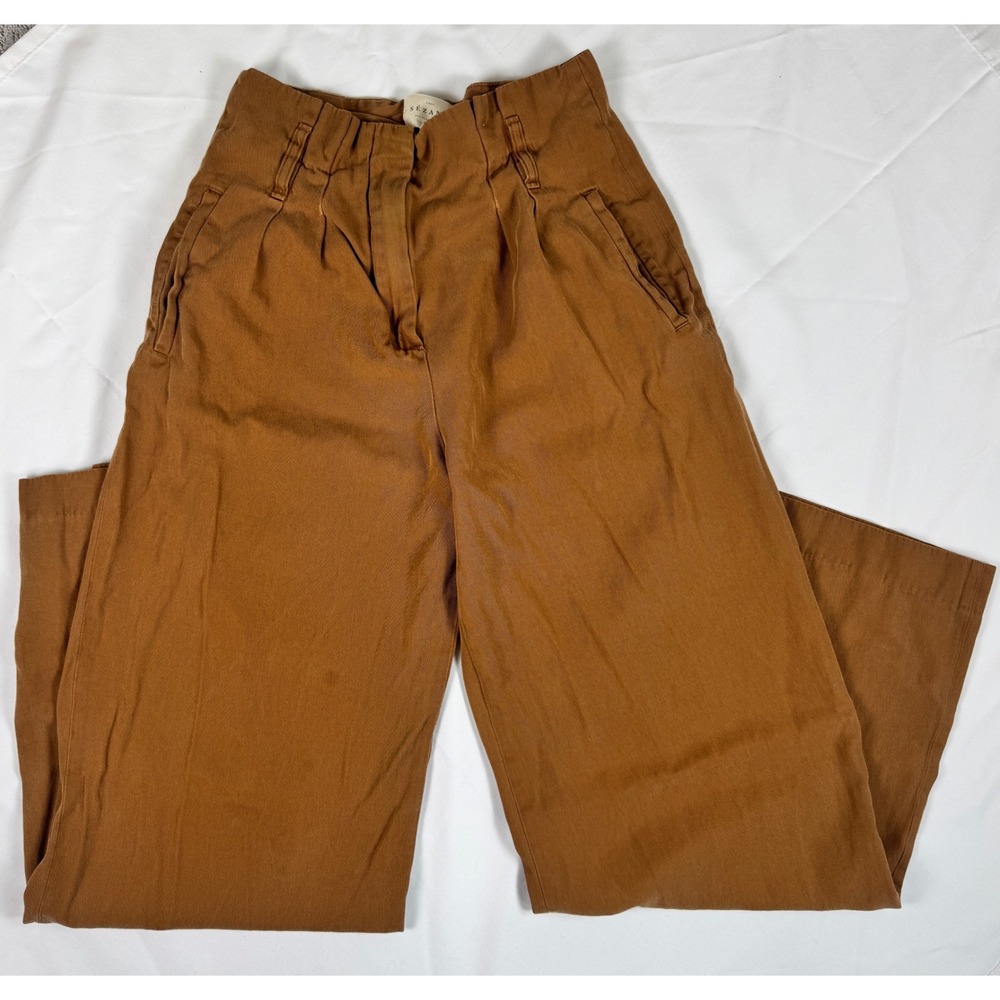 Sezane Tobacco Brown High Waisted Wide Leg Pleated Trousers Size 36